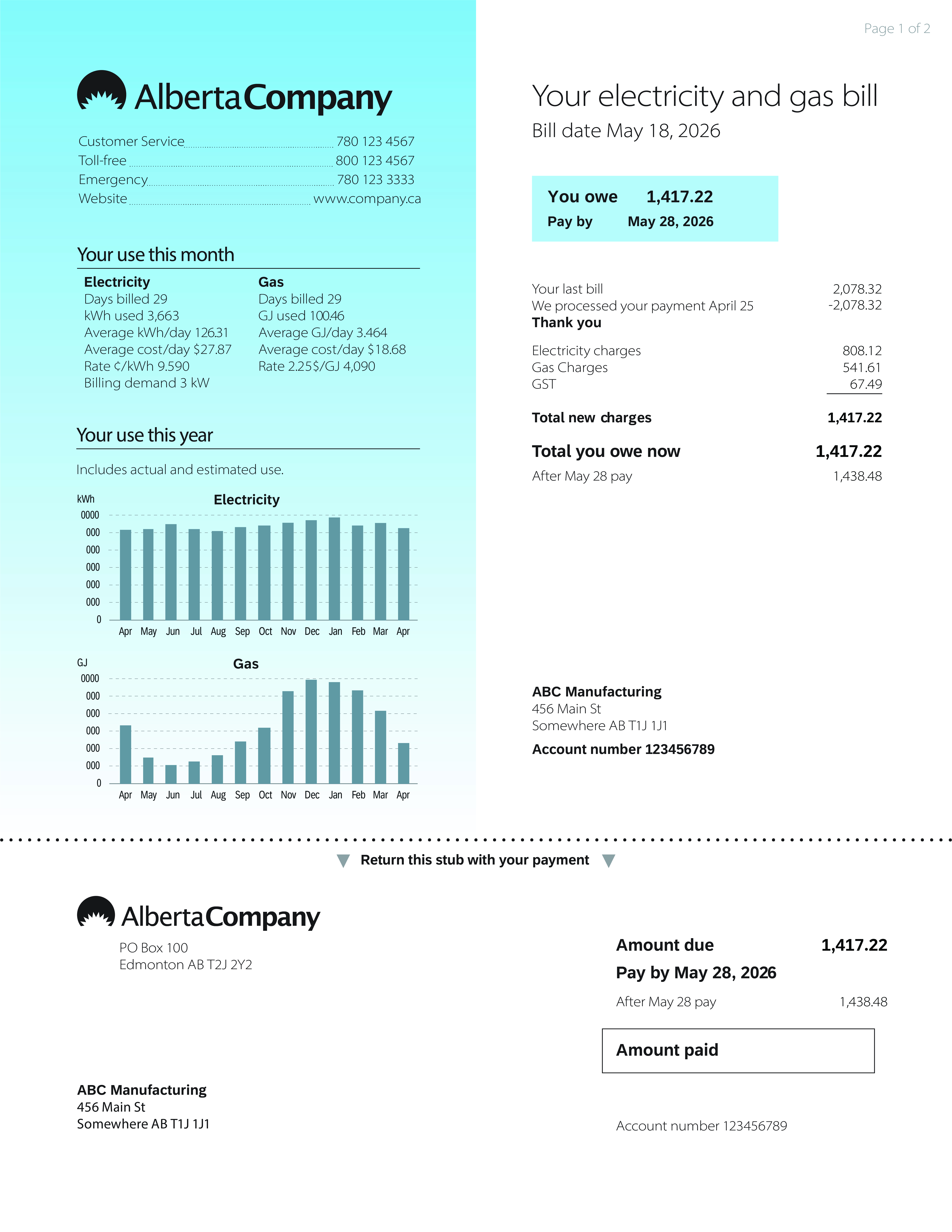 front page of a sample small business utility bill