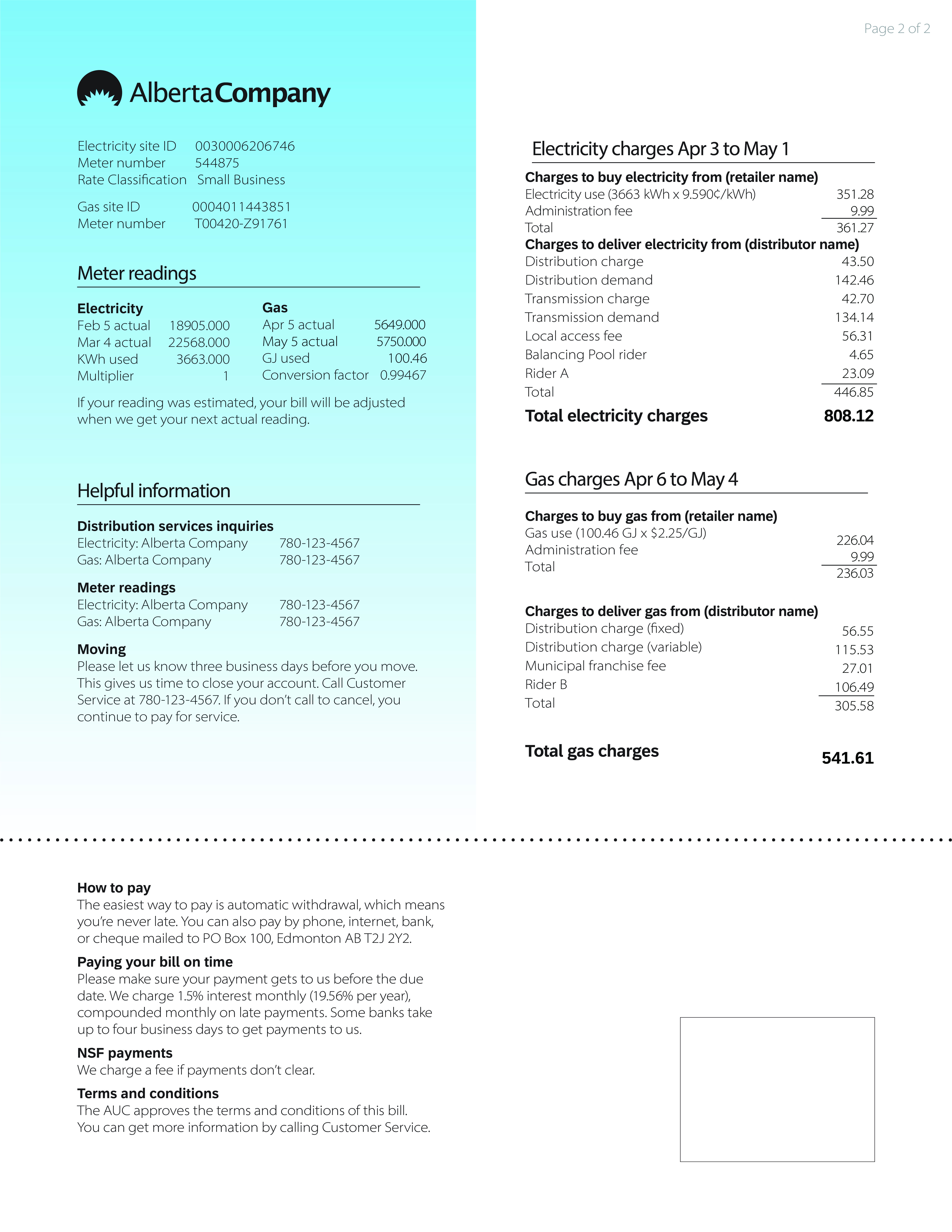 back page of a sample small business utility bill
